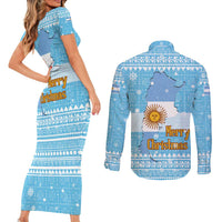 Argentina Christmas Couples Matching Short Sleeve Bodycon Dress and Long Sleeve Button Shirt with Blue-White Snowflake Pattern, Sun Emblem, and Map Motif - Wonder Print Shop