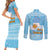 Argentina Christmas Couples Matching Short Sleeve Bodycon Dress and Long Sleeve Button Shirt with Blue-White Snowflake Pattern, Sun Emblem, and Map Motif - Wonder Print Shop
