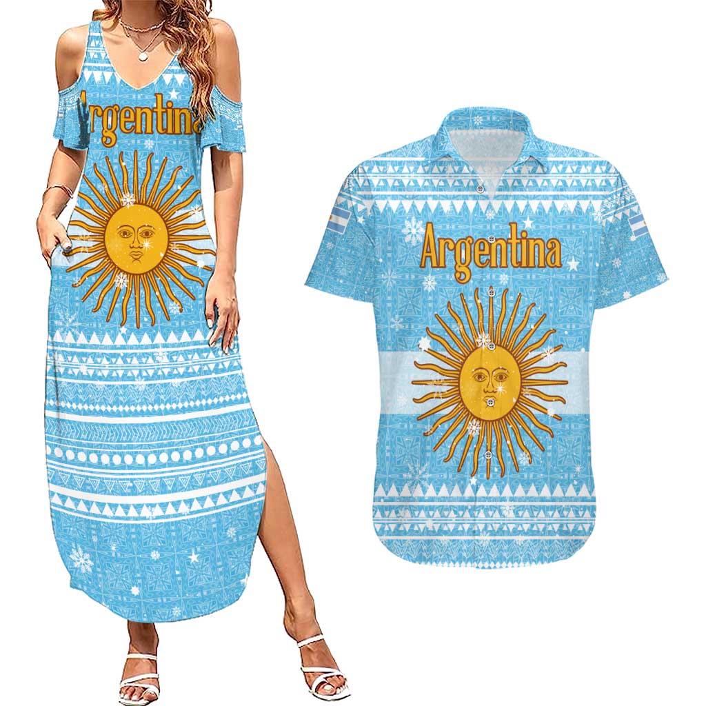 Argentina Christmas Couples Matching Summer Maxi Dress and Hawaiian Shirt with Blue-White Snowflake Pattern, Sun Emblem, and Map Motif - Wonder Print Shop