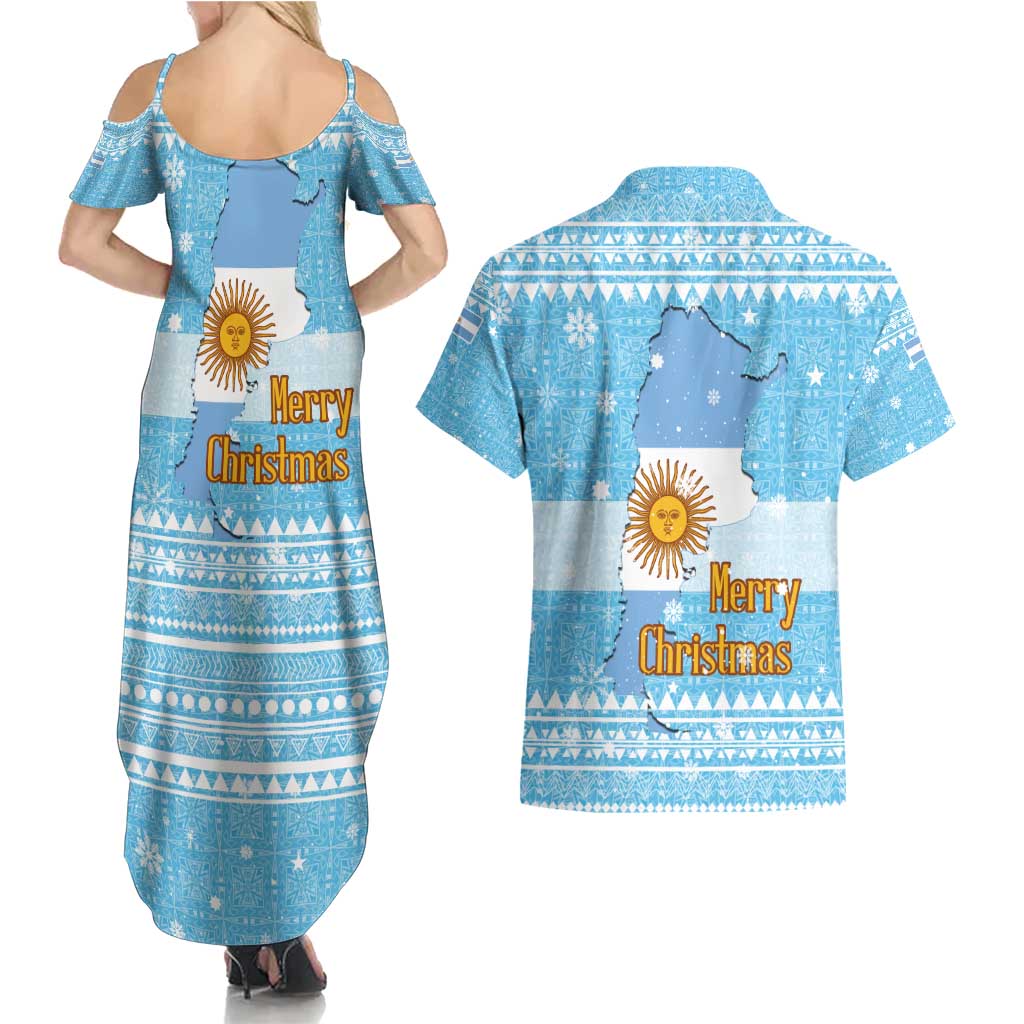 Argentina Christmas Couples Matching Summer Maxi Dress and Hawaiian Shirt with Blue-White Snowflake Pattern, Sun Emblem, and Map Motif - Wonder Print Shop