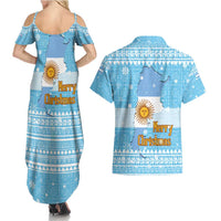 Argentina Christmas Couples Matching Summer Maxi Dress and Hawaiian Shirt with Blue-White Snowflake Pattern, Sun Emblem, and Map Motif - Wonder Print Shop
