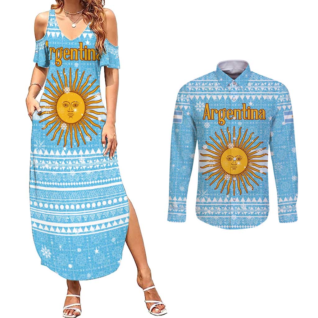 Argentina Christmas Couples Matching Summer Maxi Dress and Long Sleeve Button Shirt with Blue-White Snowflake Pattern, Sun Emblem, and Map Motif - Wonder Print Shop