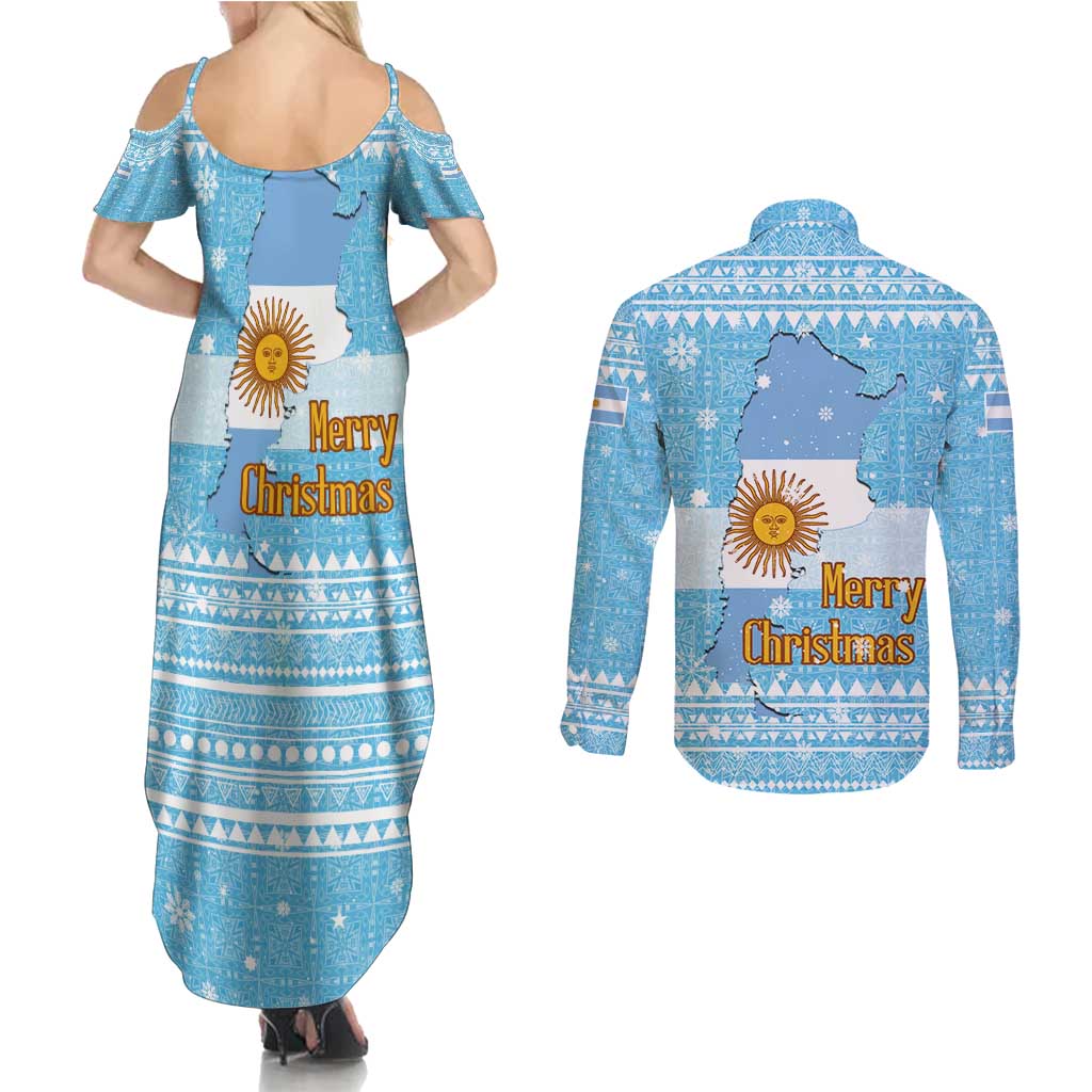 Argentina Christmas Couples Matching Summer Maxi Dress and Long Sleeve Button Shirt with Blue-White Snowflake Pattern, Sun Emblem, and Map Motif - Wonder Print Shop