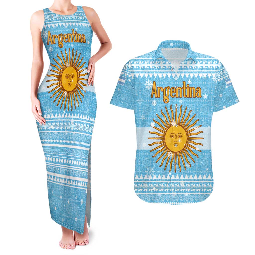 Argentina Christmas Couples Matching Tank Maxi Dress and Hawaiian Shirt with Blue-White Snowflake Pattern, Sun Emblem, and Map Motif - Wonder Print Shop