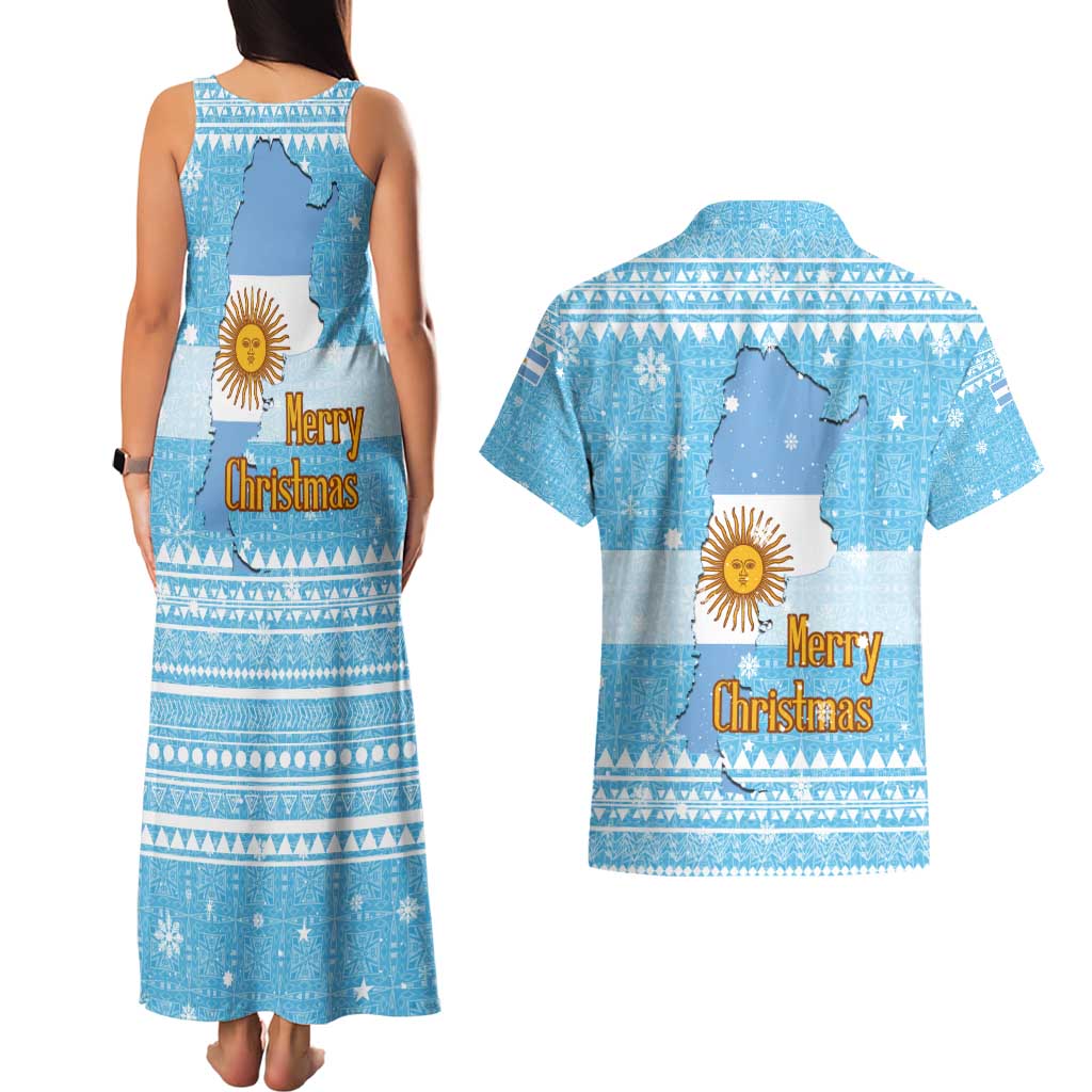 Argentina Christmas Couples Matching Tank Maxi Dress and Hawaiian Shirt with Blue-White Snowflake Pattern, Sun Emblem, and Map Motif - Wonder Print Shop