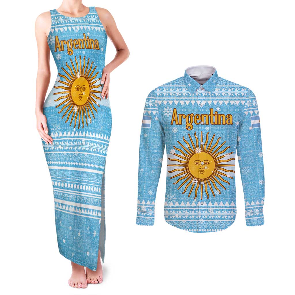 Argentina Christmas Couples Matching Tank Maxi Dress and Long Sleeve Button Shirt with Blue-White Snowflake Pattern, Sun Emblem, and Map Motif - Wonder Print Shop
