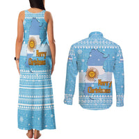 Argentina Christmas Couples Matching Tank Maxi Dress and Long Sleeve Button Shirt with Blue-White Snowflake Pattern, Sun Emblem, and Map Motif - Wonder Print Shop