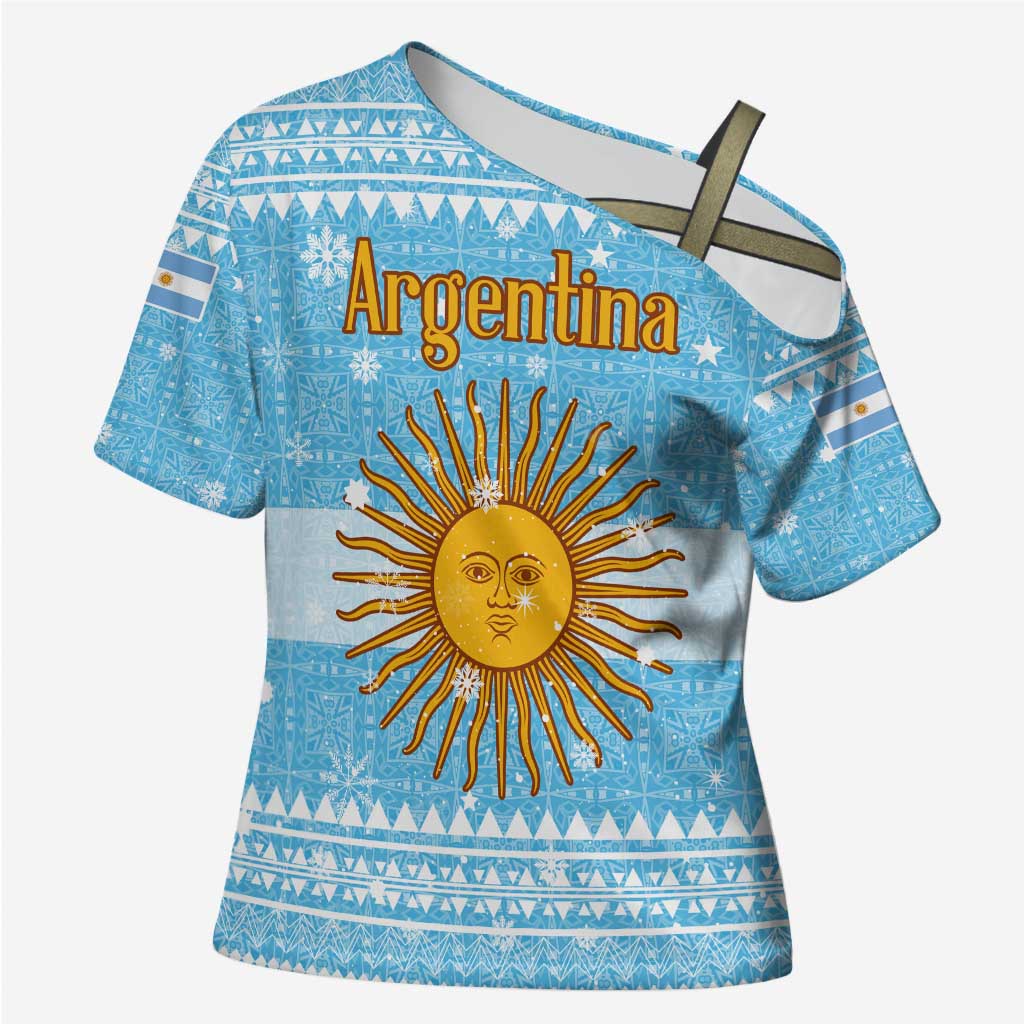Argentina Christmas Cross Shoulder Shirt with Blue-White Snowflake Pattern, Sun Emblem, and Map Motif - Wonder Print Shop