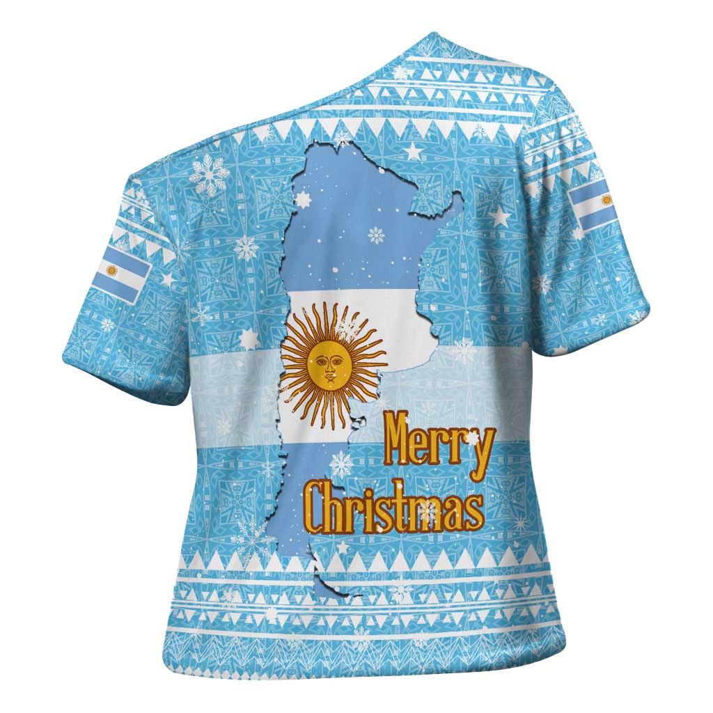 Argentina Christmas Cross Shoulder Shirt with Blue-White Snowflake Pattern, Sun Emblem, and Map Motif - Wonder Print Shop