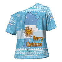 Argentina Christmas Cross Shoulder Shirt with Blue-White Snowflake Pattern, Sun Emblem, and Map Motif - Wonder Print Shop