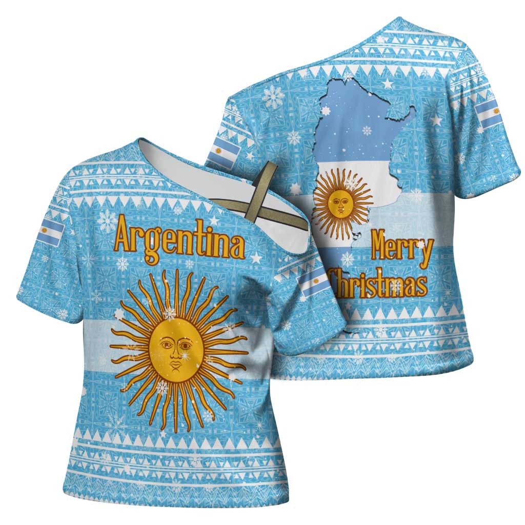 Argentina Christmas Cross Shoulder Shirt with Blue-White Snowflake Pattern, Sun Emblem, and Map Motif - Wonder Print Shop