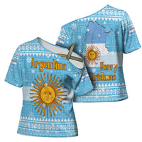 Argentina Christmas Cross Shoulder Shirt with Blue-White Snowflake Pattern, Sun Emblem, and Map Motif - Wonder Print Shop