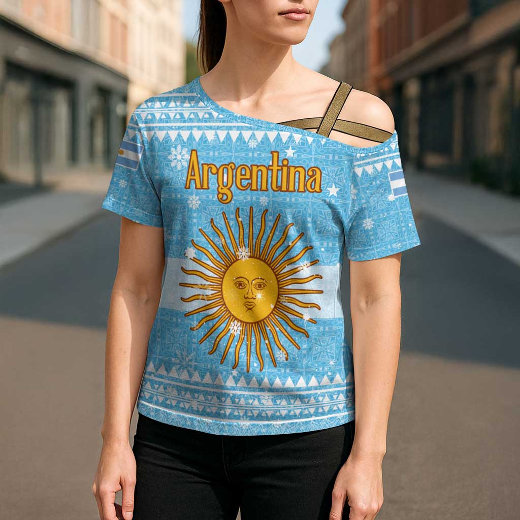 Argentina Christmas Cross Shoulder Shirt with Blue-White Snowflake Pattern, Sun Emblem, and Map Motif - Wonder Print Shop