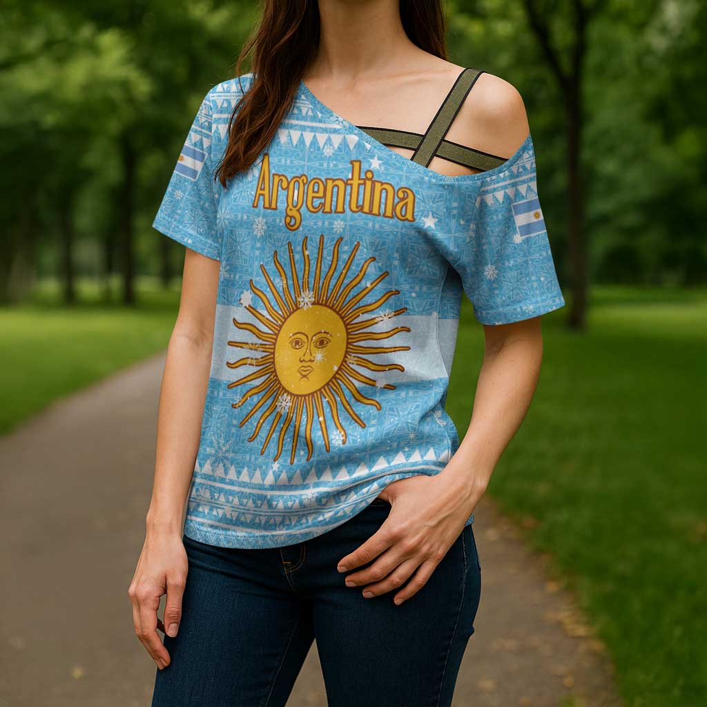Argentina Christmas Cross Shoulder Shirt with Blue-White Snowflake Pattern, Sun Emblem, and Map Motif - Wonder Print Shop
