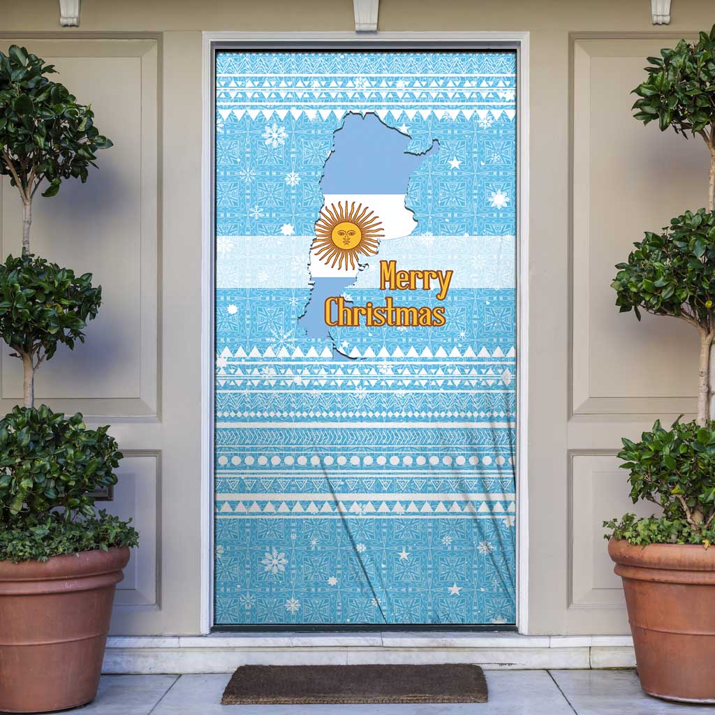 Argentina Christmas Door Cover with Blue-White Snowflake Pattern, Sun Emblem, and Map Motif - Wonder Print Shop