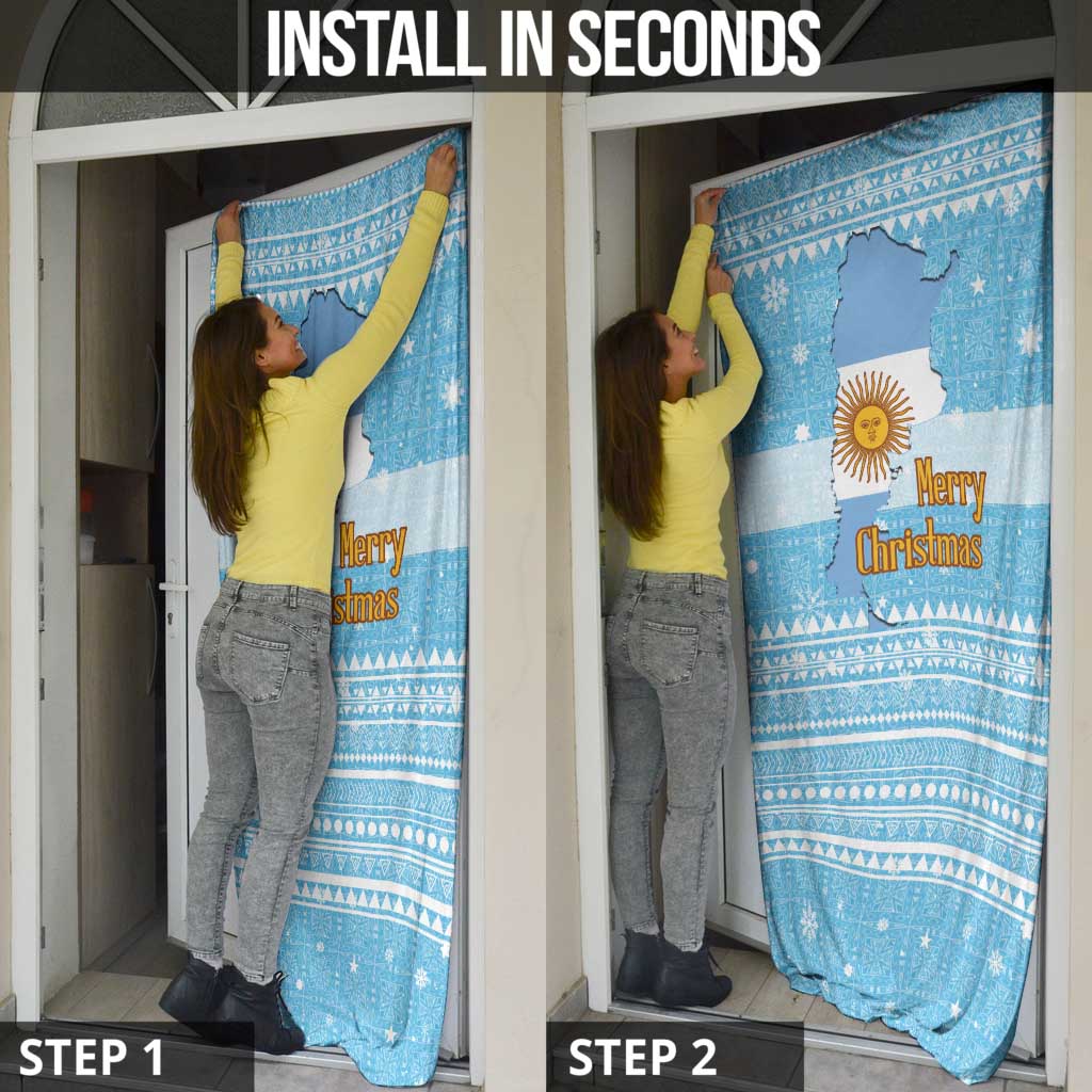 Argentina Christmas Door Cover with Blue-White Snowflake Pattern, Sun Emblem, and Map Motif - Wonder Print Shop