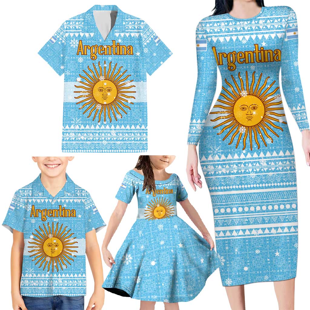 Argentina Christmas Family Matching Long Sleeve Bodycon Dress and Hawaiian Shirt with Blue-White Snowflake Pattern, Sun Emblem, and Map Motif - Wonder Print Shop