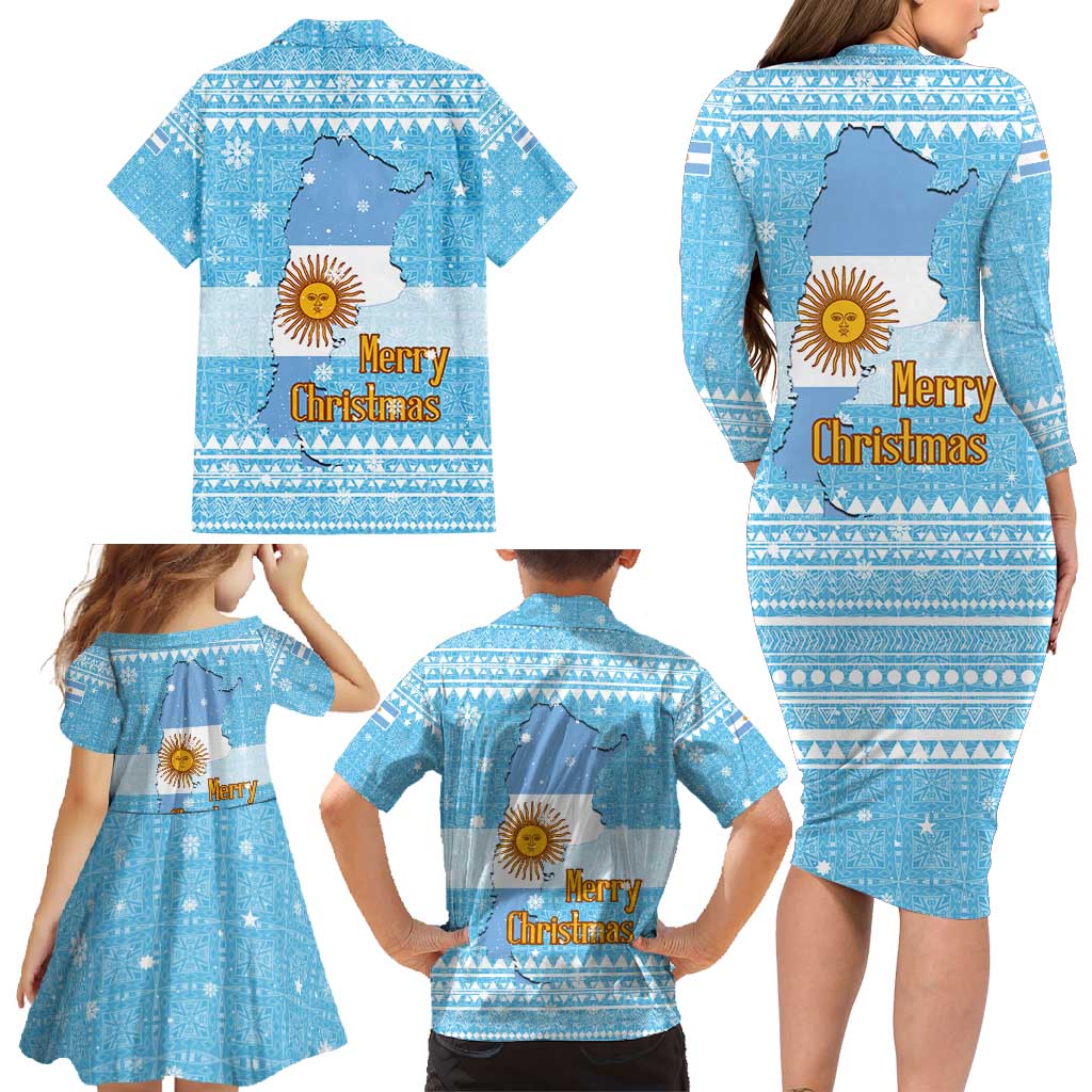 Argentina Christmas Family Matching Long Sleeve Bodycon Dress and Hawaiian Shirt with Blue-White Snowflake Pattern, Sun Emblem, and Map Motif - Wonder Print Shop