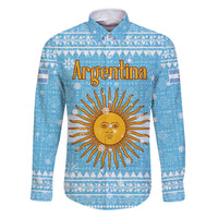 Argentina Christmas Family Matching Long Sleeve Bodycon Dress and Hawaiian Shirt with Blue-White Snowflake Pattern, Sun Emblem, and Map Motif - Wonder Print Shop