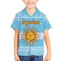 Argentina Christmas Family Matching Long Sleeve Bodycon Dress and Hawaiian Shirt with Blue-White Snowflake Pattern, Sun Emblem, and Map Motif - Wonder Print Shop
