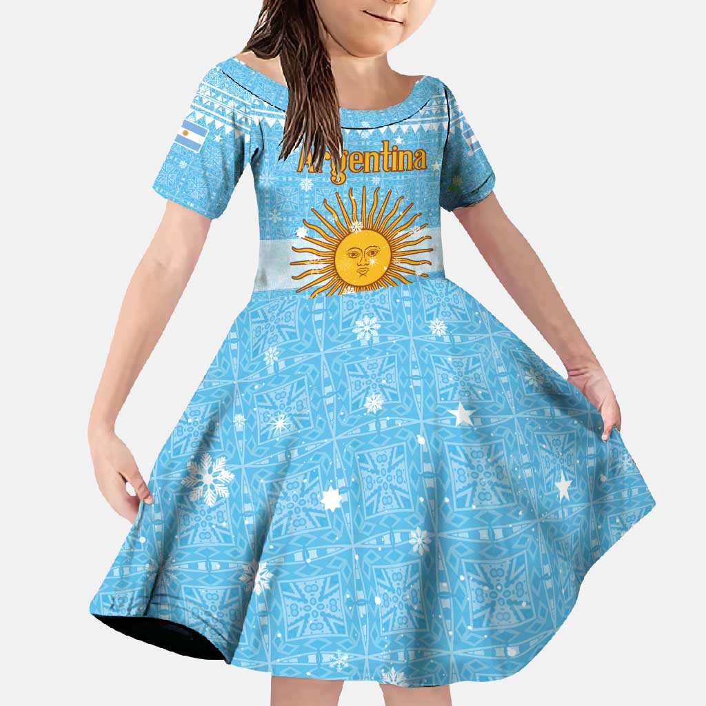 Argentina Christmas Family Matching Mermaid Dress and Hawaiian Shirt with Blue-White Snowflake Pattern, Sun Emblem, and Map Motif - Wonder Print Shop