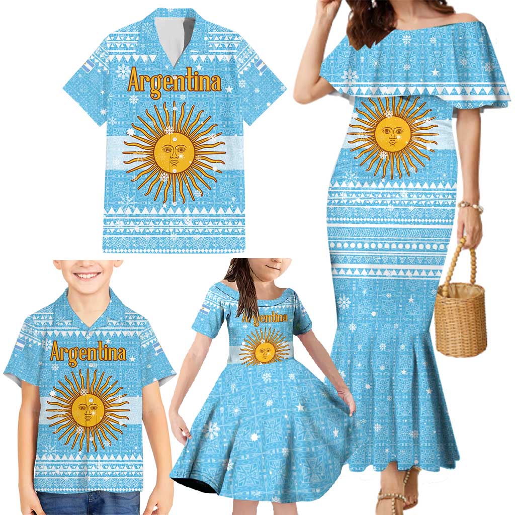 Argentina Christmas Family Matching Mermaid Dress and Hawaiian Shirt with Blue-White Snowflake Pattern, Sun Emblem, and Map Motif - Wonder Print Shop