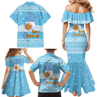 Argentina Christmas Family Matching Mermaid Dress and Hawaiian Shirt with Blue-White Snowflake Pattern, Sun Emblem, and Map Motif - Wonder Print Shop