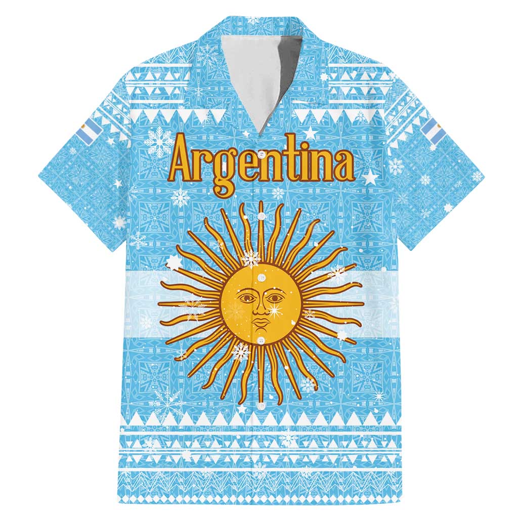 Argentina Christmas Family Matching Mermaid Dress and Hawaiian Shirt with Blue-White Snowflake Pattern, Sun Emblem, and Map Motif - Wonder Print Shop
