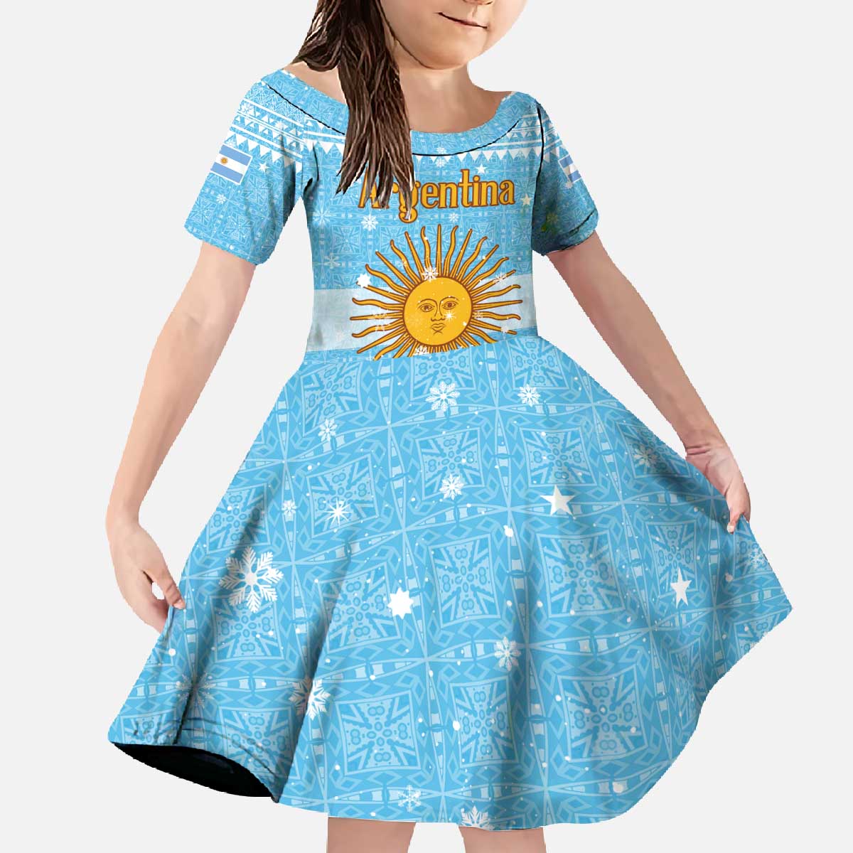 Argentina Christmas Family Matching Off The Shoulder Long Sleeve Dress and Hawaiian Shirt with Blue-White Snowflake Pattern, Sun Emblem, and Map Motif - Wonder Print Shop
