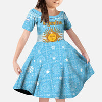 Argentina Christmas Family Matching Off The Shoulder Long Sleeve Dress and Hawaiian Shirt with Blue-White Snowflake Pattern, Sun Emblem, and Map Motif - Wonder Print Shop