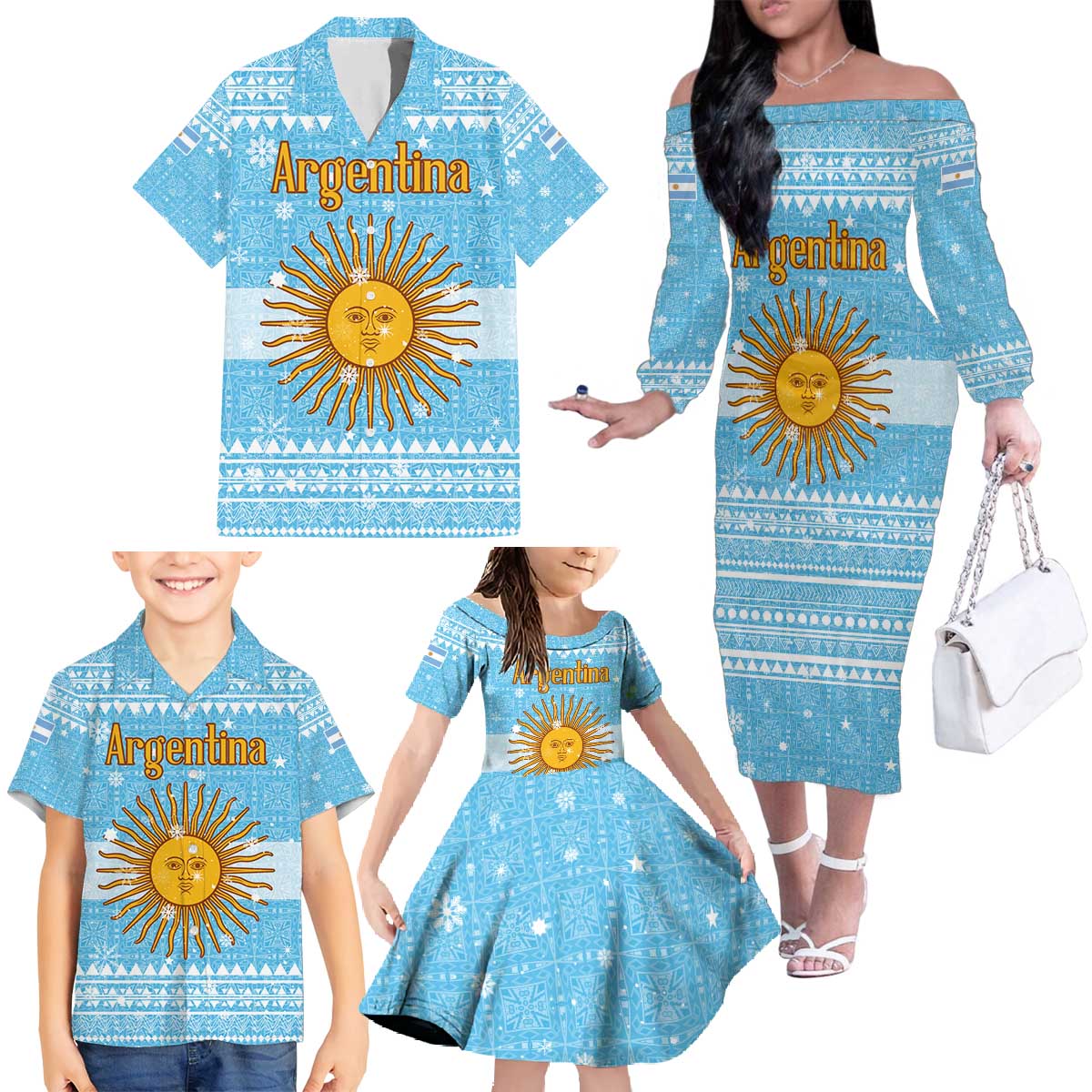 Argentina Christmas Family Matching Off The Shoulder Long Sleeve Dress and Hawaiian Shirt with Blue-White Snowflake Pattern, Sun Emblem, and Map Motif - Wonder Print Shop