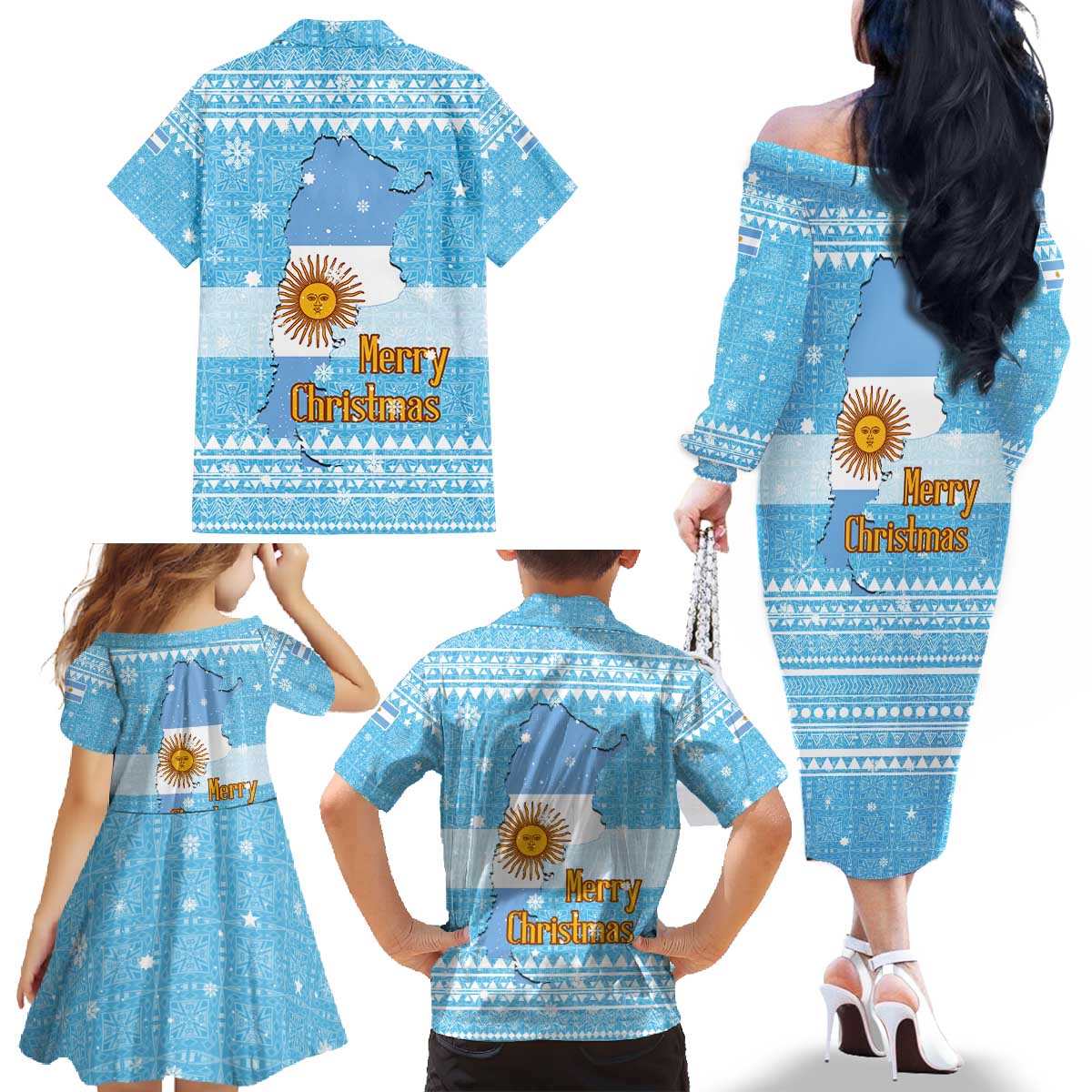 Argentina Christmas Family Matching Off The Shoulder Long Sleeve Dress and Hawaiian Shirt with Blue-White Snowflake Pattern, Sun Emblem, and Map Motif - Wonder Print Shop
