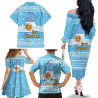 Argentina Christmas Family Matching Off The Shoulder Long Sleeve Dress and Hawaiian Shirt with Blue-White Snowflake Pattern, Sun Emblem, and Map Motif - Wonder Print Shop