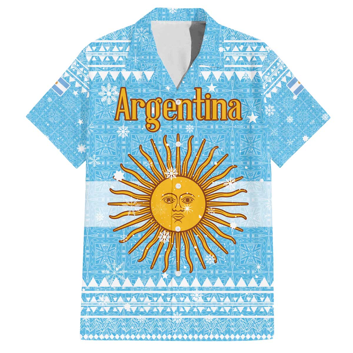 Argentina Christmas Family Matching Off The Shoulder Long Sleeve Dress and Hawaiian Shirt with Blue-White Snowflake Pattern, Sun Emblem, and Map Motif - Wonder Print Shop