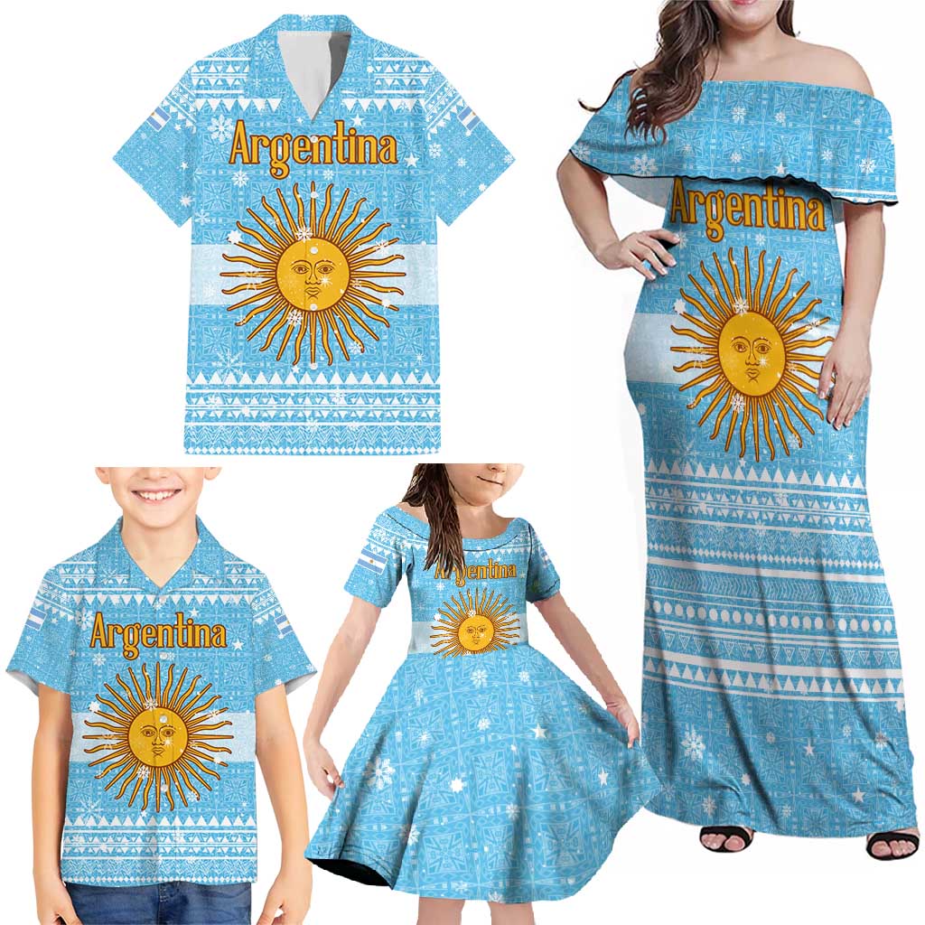 Argentina Christmas Family Matching Off Shoulder Maxi Dress and Hawaiian Shirt with Blue-White Snowflake Pattern, Sun Emblem, and Map Motif - Wonder Print Shop