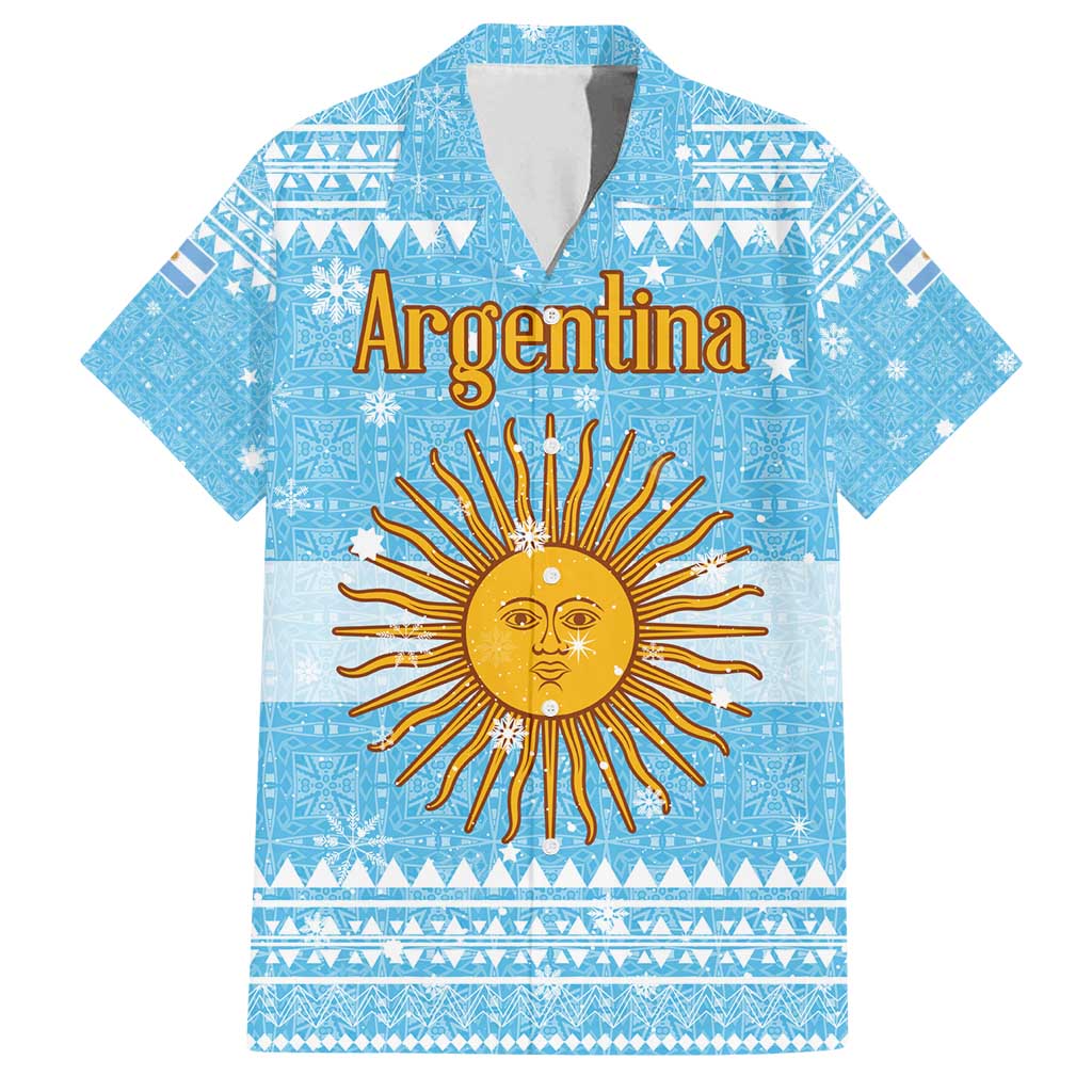 Argentina Christmas Family Matching Off Shoulder Maxi Dress and Hawaiian Shirt with Blue-White Snowflake Pattern, Sun Emblem, and Map Motif - Wonder Print Shop