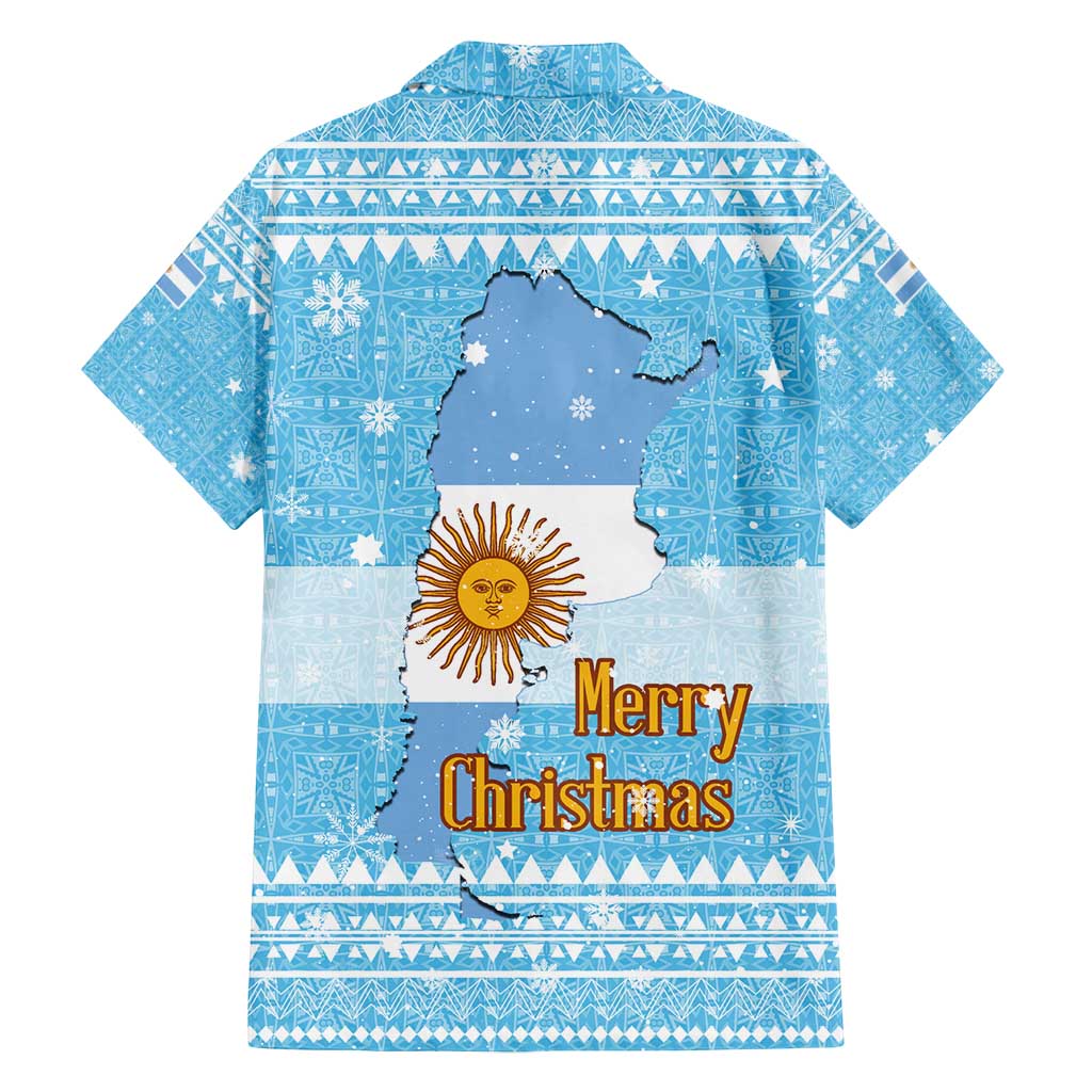 Argentina Christmas Family Matching Off Shoulder Maxi Dress and Hawaiian Shirt with Blue-White Snowflake Pattern, Sun Emblem, and Map Motif - Wonder Print Shop