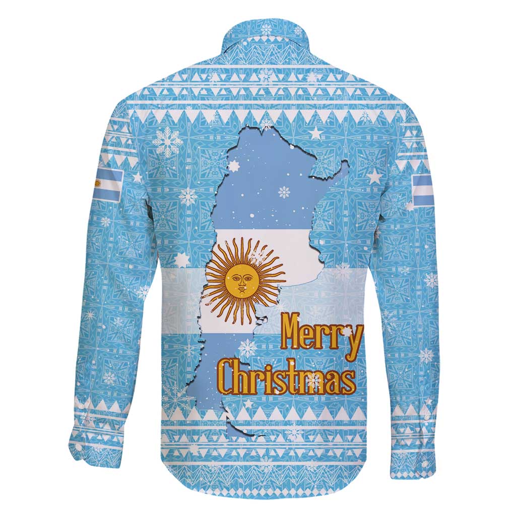 Argentina Christmas Family Matching Off Shoulder Maxi Dress and Hawaiian Shirt with Blue-White Snowflake Pattern, Sun Emblem, and Map Motif - Wonder Print Shop