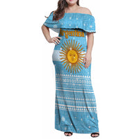 Argentina Christmas Family Matching Off Shoulder Maxi Dress and Hawaiian Shirt with Blue-White Snowflake Pattern, Sun Emblem, and Map Motif - Wonder Print Shop