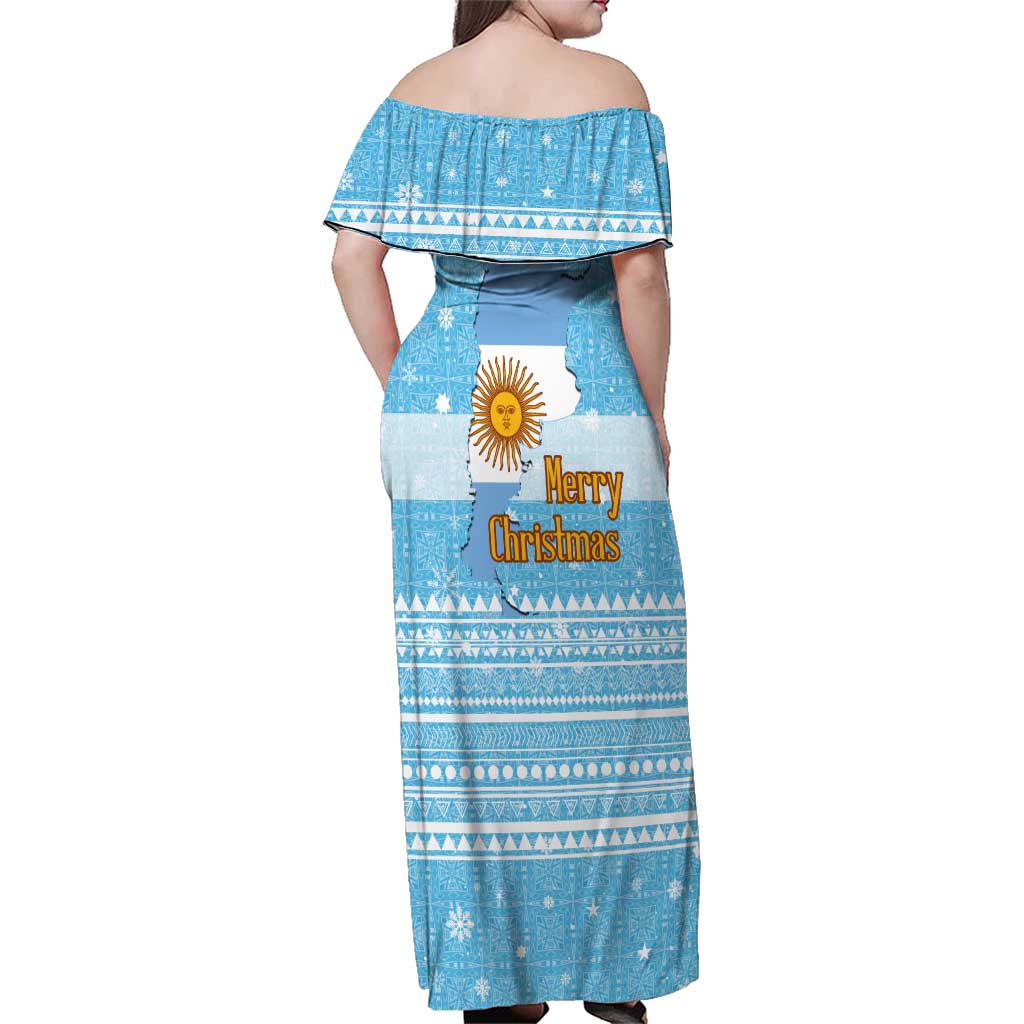 Argentina Christmas Family Matching Off Shoulder Maxi Dress and Hawaiian Shirt with Blue-White Snowflake Pattern, Sun Emblem, and Map Motif - Wonder Print Shop