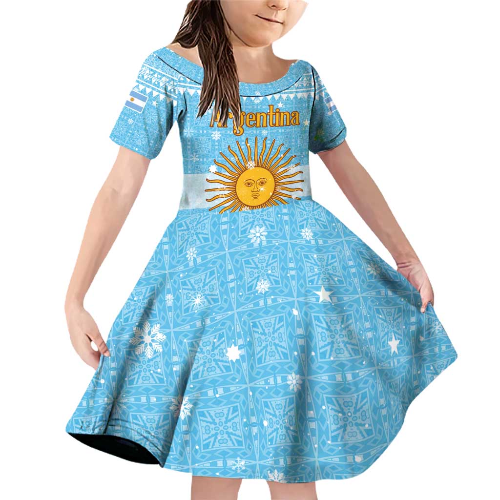 Argentina Christmas Family Matching Off Shoulder Short Dress and Hawaiian Shirt with Blue-White Snowflake Pattern, Sun Emblem, and Map Motif - Wonder Print Shop
