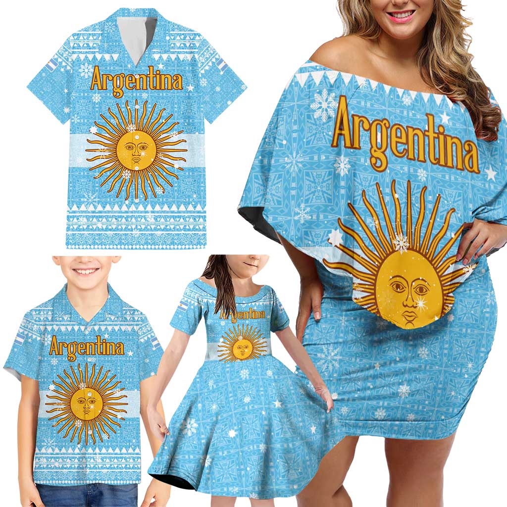 Argentina Christmas Family Matching Off Shoulder Short Dress and Hawaiian Shirt with Blue-White Snowflake Pattern, Sun Emblem, and Map Motif - Wonder Print Shop