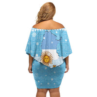 Argentina Christmas Family Matching Off Shoulder Short Dress and Hawaiian Shirt with Blue-White Snowflake Pattern, Sun Emblem, and Map Motif - Wonder Print Shop