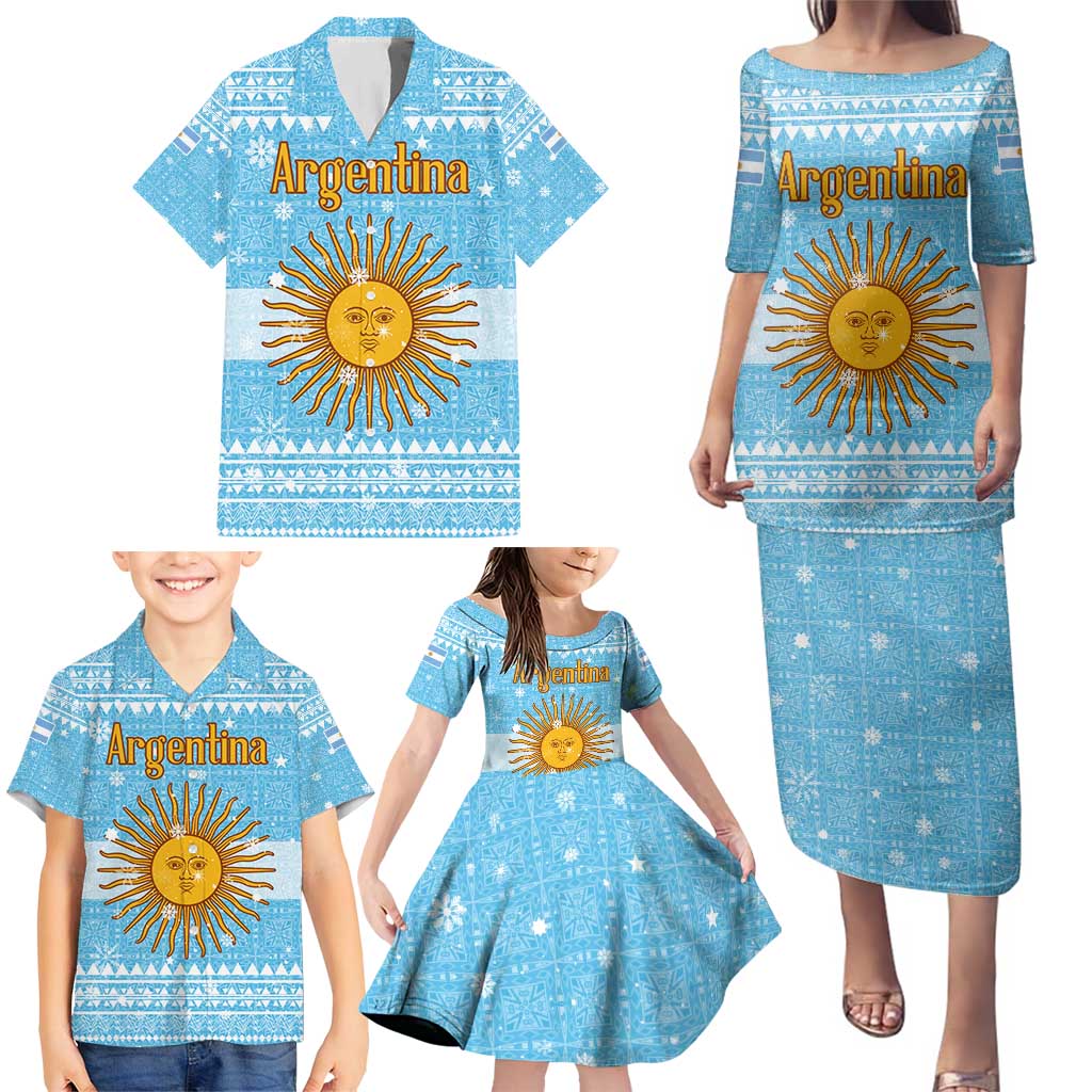 Argentina Christmas Family Matching Puletasi and Hawaiian Shirt with Blue-White Snowflake Pattern, Sun Emblem, and Map Motif - Wonder Print Shop
