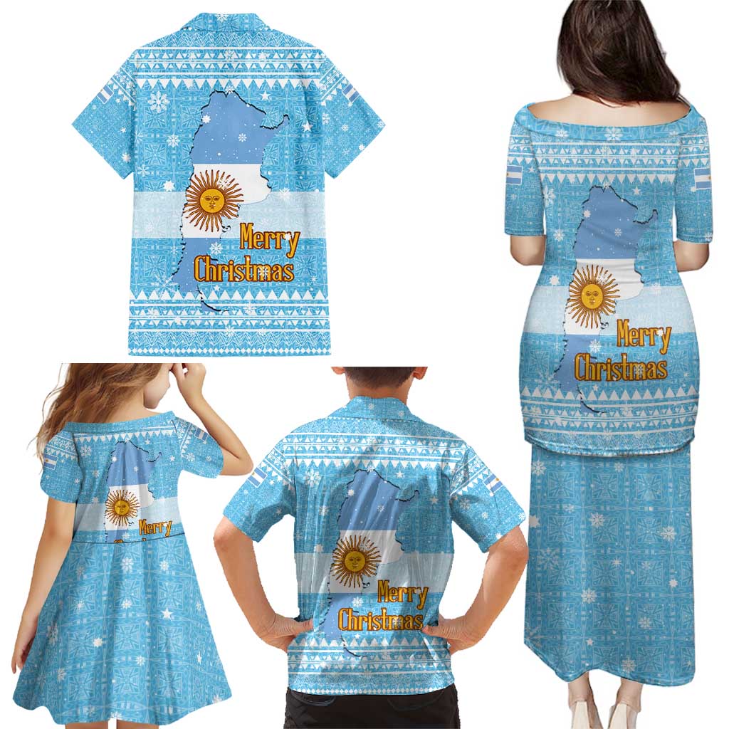 Argentina Christmas Family Matching Puletasi and Hawaiian Shirt with Blue-White Snowflake Pattern, Sun Emblem, and Map Motif - Wonder Print Shop