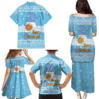 Argentina Christmas Family Matching Puletasi and Hawaiian Shirt with Blue-White Snowflake Pattern, Sun Emblem, and Map Motif - Wonder Print Shop