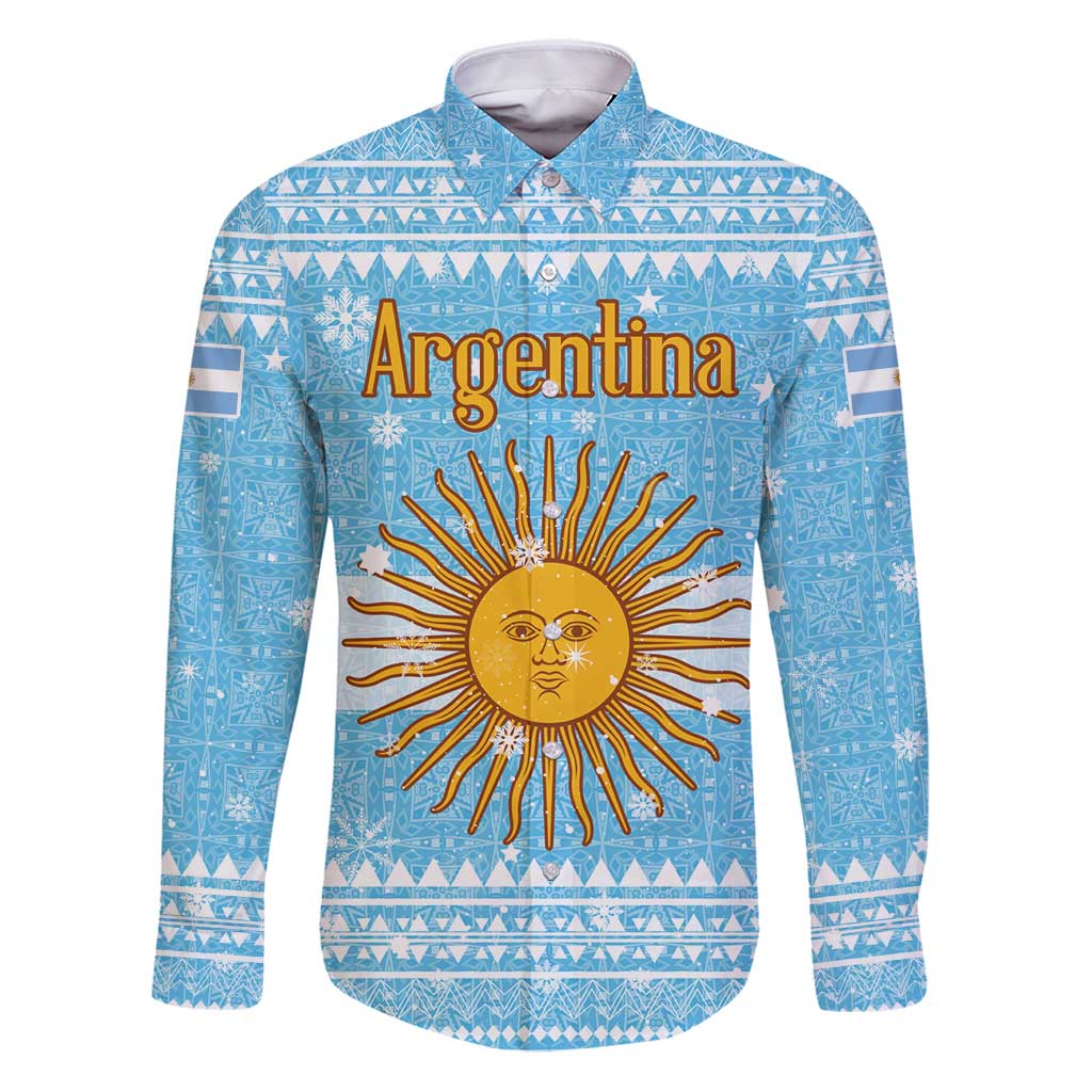 Argentina Christmas Family Matching Puletasi and Hawaiian Shirt with Blue-White Snowflake Pattern, Sun Emblem, and Map Motif - Wonder Print Shop