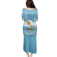 Argentina Christmas Family Matching Puletasi and Hawaiian Shirt with Blue-White Snowflake Pattern, Sun Emblem, and Map Motif - Wonder Print Shop