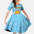 Argentina Christmas Family Matching Short Sleeve Bodycon Dress and Hawaiian Shirt with Blue-White Snowflake Pattern, Sun Emblem, and Map Motif - Wonder Print Shop