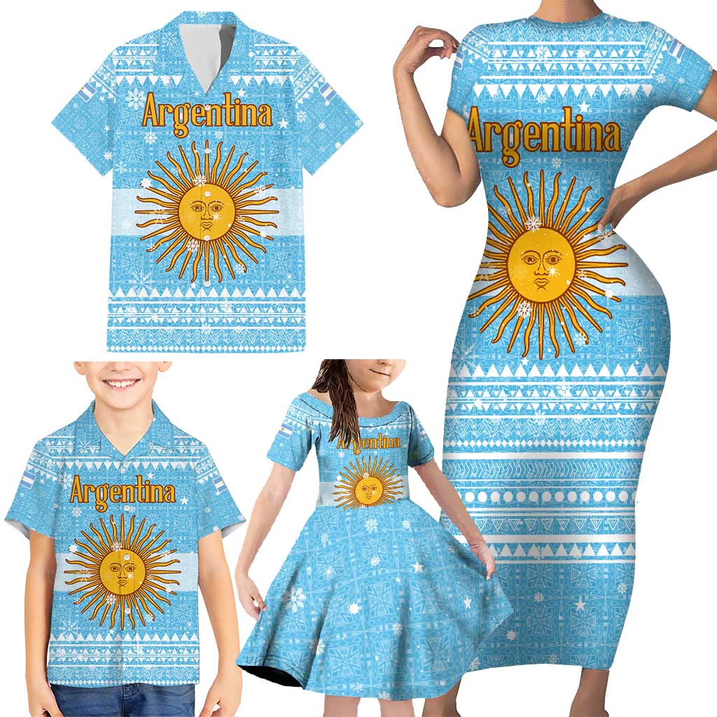 Argentina Christmas Family Matching Short Sleeve Bodycon Dress and Hawaiian Shirt with Blue-White Snowflake Pattern, Sun Emblem, and Map Motif - Wonder Print Shop
